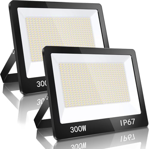 YIQIBRO 300W LED Floodlight Outdoor 2 Pack, 30000LM 6500K Outdoor Flood Lights Super Bright LED Security Light, IP67 Waterproof Spotlight for Garden, Garage, Yard, Factory,Warehouse
