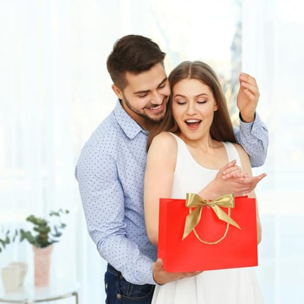 10pcs Gift Bag With Gold Ribbin Luxury Paper Party bag With Handles For Wedding Birthday Baby Shower Halloween Christams((32 * 25 * 10cm) (Red)