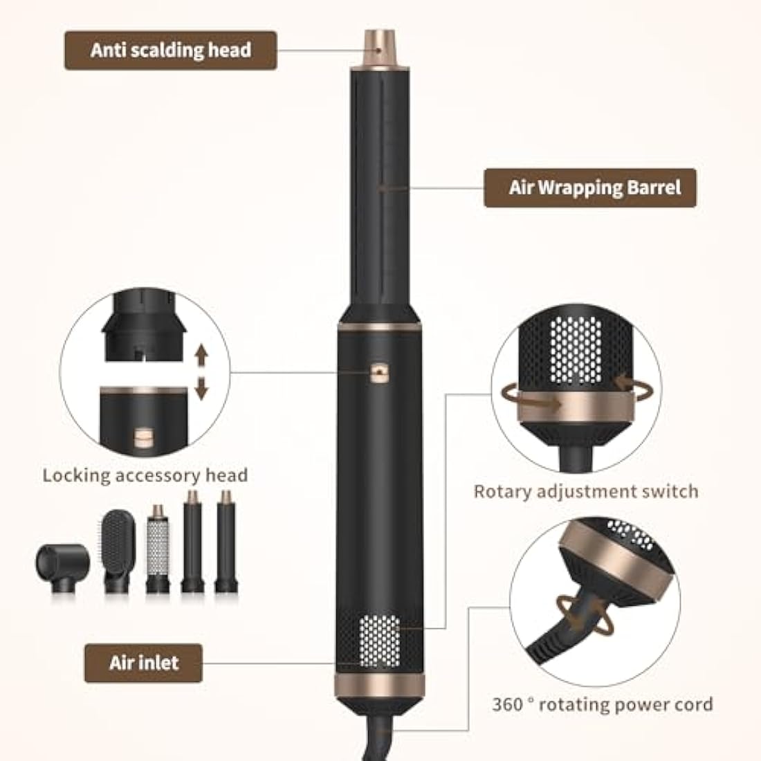 5 in 1 Air Styler – Magic Styler - Hair Dryer Brush – Multi use Styling Appliances - Thermal Wrap - for Curling, Straightening, Volumizing and Drying – Hair Curler – Ionic Technology (Black 5 in 1)