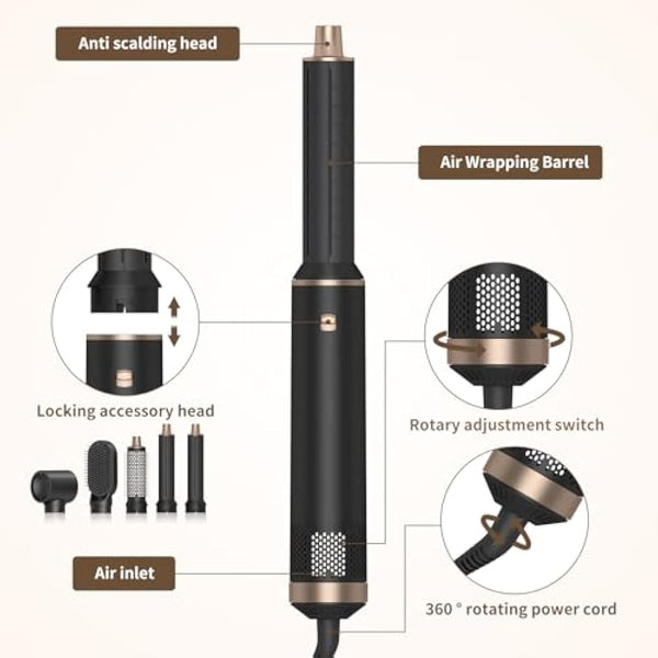 5 in 1 Air Styler – Magic Styler - Hair Dryer Brush – Multi use Styling Appliances - Thermal Wrap - for Curling, Straightening, Volumizing and Drying – Hair Curler – Ionic Technology (Black 5 in 1)