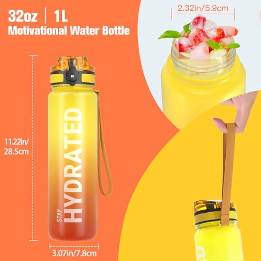 Sahara Sailor Leakproof Water Bottle 1L/500ML/750ML, Tritan BPA Free Motivational Sport Drinks Bottle with Clear Time Marker, Lock Cover, Easy Clean Brush, Durable for Gym, School, Cycling (1 Bottle)