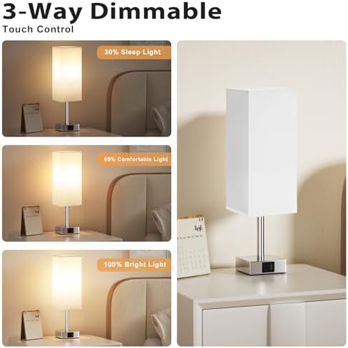 Aooshine Touch Control Bedside Lamps Set of 2, 3-Way Dimmable Table Lamp with USB-C+A Charging Ports, Bed Side Lamps for Bedroom with White Fabric Shade(Bulbs Included)