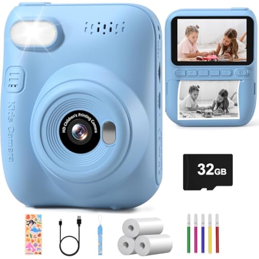 Hangrui Kids Camera Instant Print,3.0'' 1080P Kids Instant Print Camera with 32G Card,3 Rolls Printing Paper and 5 Color Pens, Gift Toy for Girls Boys 3-12 Years Old -Blue