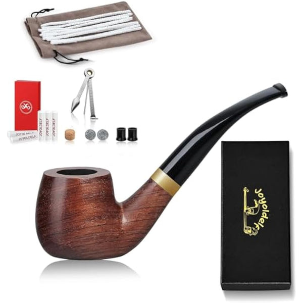 Joyoldelf Handmade Rosewood Tobacco Pipe - Wooden Smoking Pipe with Flat Bottom, Classic Pipe Set for Beginner and Pipe Lover with Gift Box and Accessories