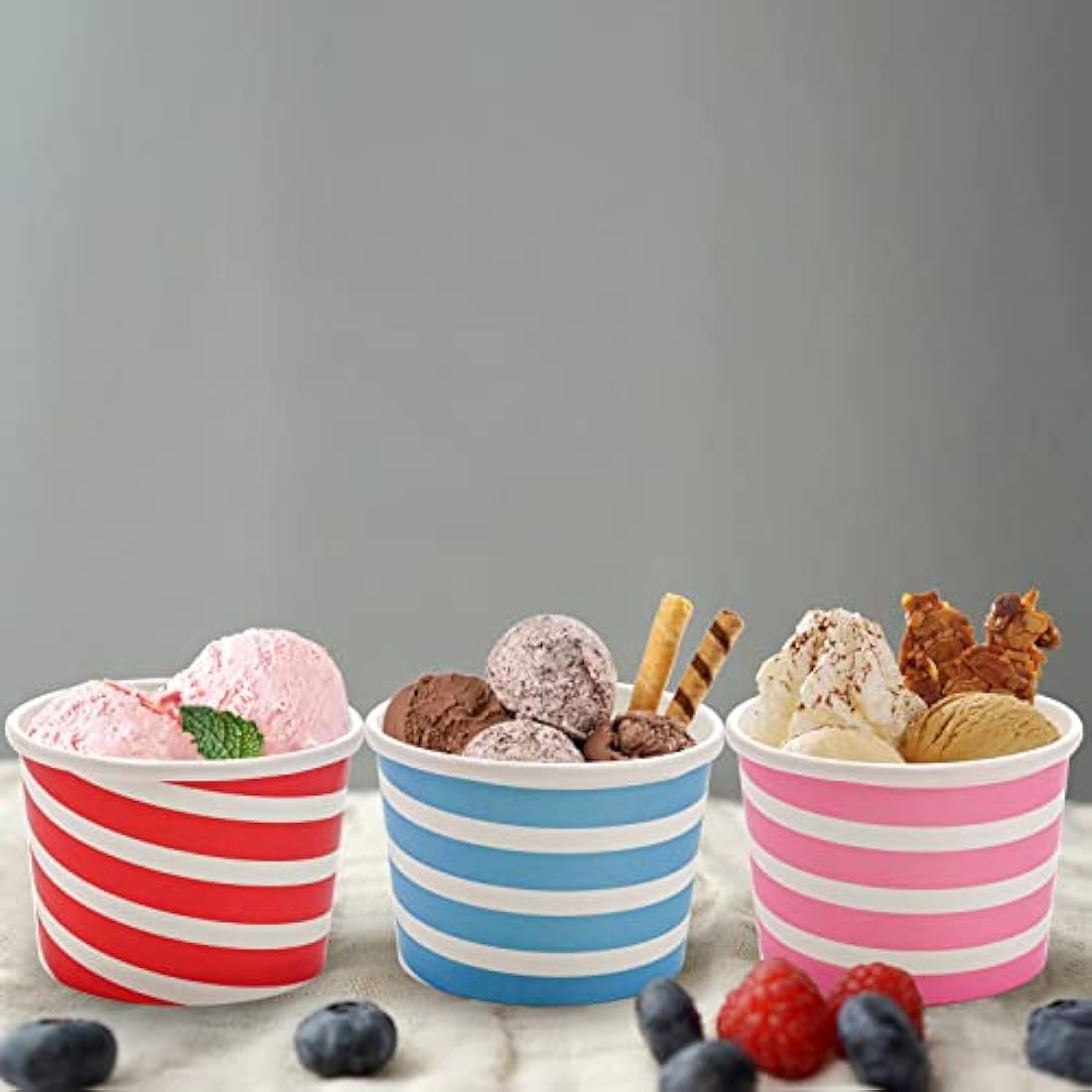 Hacaroa 150 Count 240 ml Paper Ice Cream Cups, Disposable Dessert Bowls Sundae Cup Party Supplies Treat Cups for Frozen Yogurt, Hot and Cold Food, 3 Colors Stripes