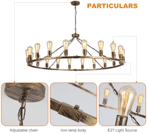 Eoodis Wagon Wheel Chandelier 20 Lights Bronze Rustic Pendant Light Large 120cm Metal Round Chandeliers Ceiling Light Fixture for Kitchen, Living Room