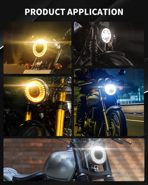 BraveWAY 5.75″ Round LED Headlight for Motorcycle 5-3/4 inch Moto Light with White/Amber DRL+ Start-up Gradient Welcome Halo