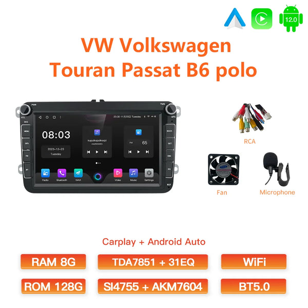 GATAXASKY 8" Car Radio multimedia player For VW Volkswagen Passat B7 B6 Golf Touran Polo Tiguan Jetta 2 din Android 12 Carplay