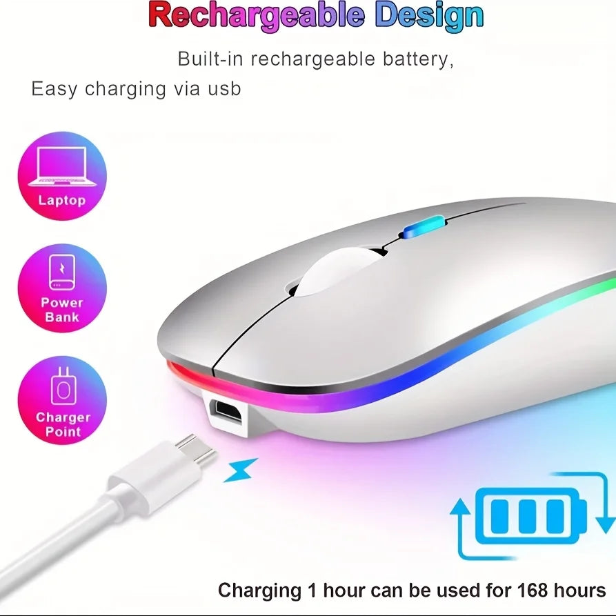 Ultra-Slim Wireless Rechargeable Mouse with LED Lighting, Dual Mode (BT & 2.4G), Compatible with iPad, Laptop, PC, Mac, Windows