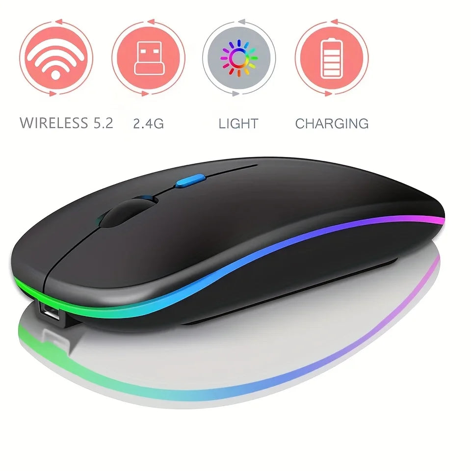 Ultra-Slim Wireless Rechargeable Mouse with LED Lighting, Dual Mode (BT & 2.4G), Compatible with iPad, Laptop, PC, Mac, Windows