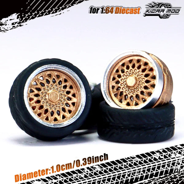 Kicarmod 1/64 Model Car ABS Wheels with Rubber Tire Brake Disc Metal Rims Diameter 10mm Refitting Parts For Model Car Hot Wheels