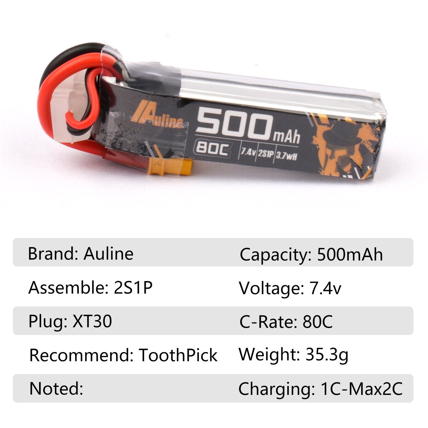 AuLine 500mAh 2S 7.4V 80C XT30 Lipo Battery (2 Pack)