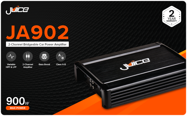 Juice Car Audio JA902 900W 2-Channel Bridgeable Car Power Amplifier with Thermal Protection, RCS Output, Bass Boost, Class A-B