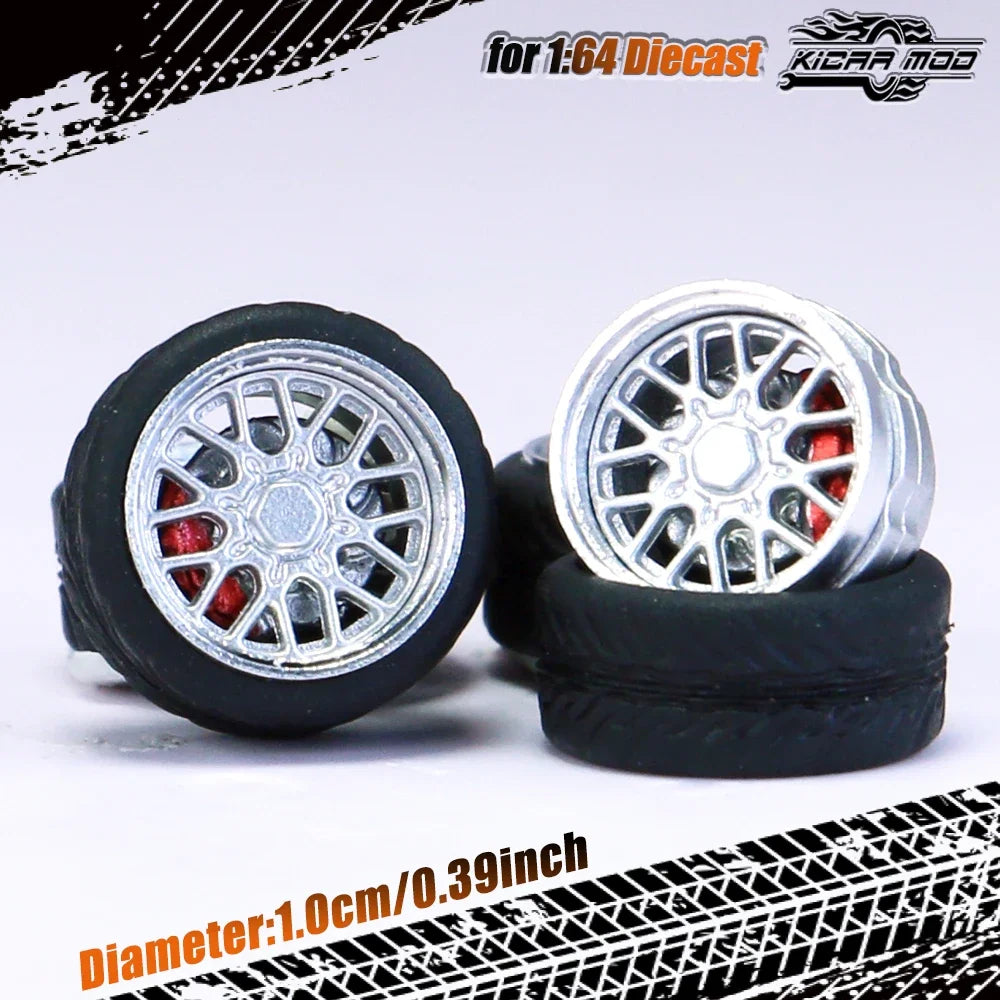 Kicarmod 1/64 Model Car ABS Wheels with Rubber Tire Brake Disc Metal Rims Diameter 10mm Refitting Parts For Model Car Hot Wheels