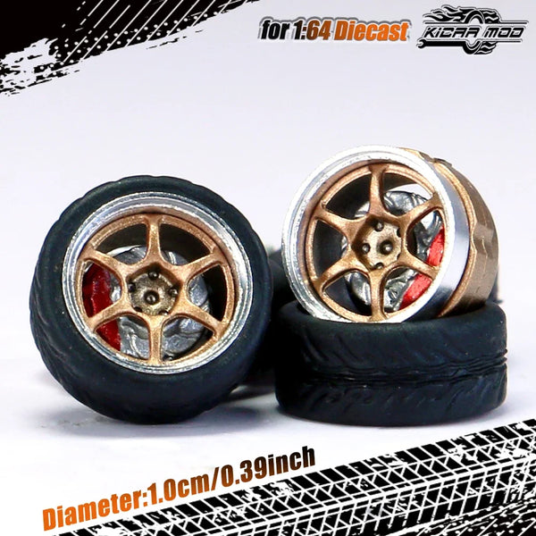 Kicarmod 1/64 Model Car ABS Wheels with Rubber Tire Brake Disc Metal Rims Diameter 10mm Refitting Parts For Model Car Hot Wheels