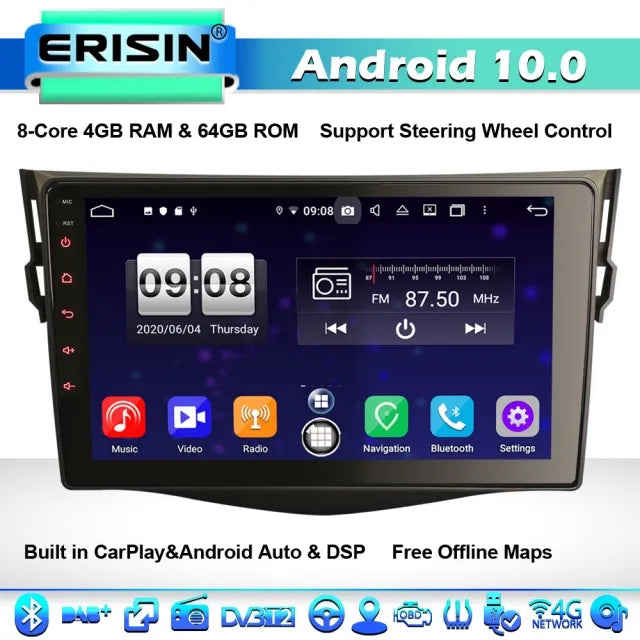 ES8734R 9" 8-Core DSP Android 10.0 Car Stereo GPS Sat Nav Radio for TOYOTA RAV4 DAB+ DSP CarPlay WiFi 4G OBD