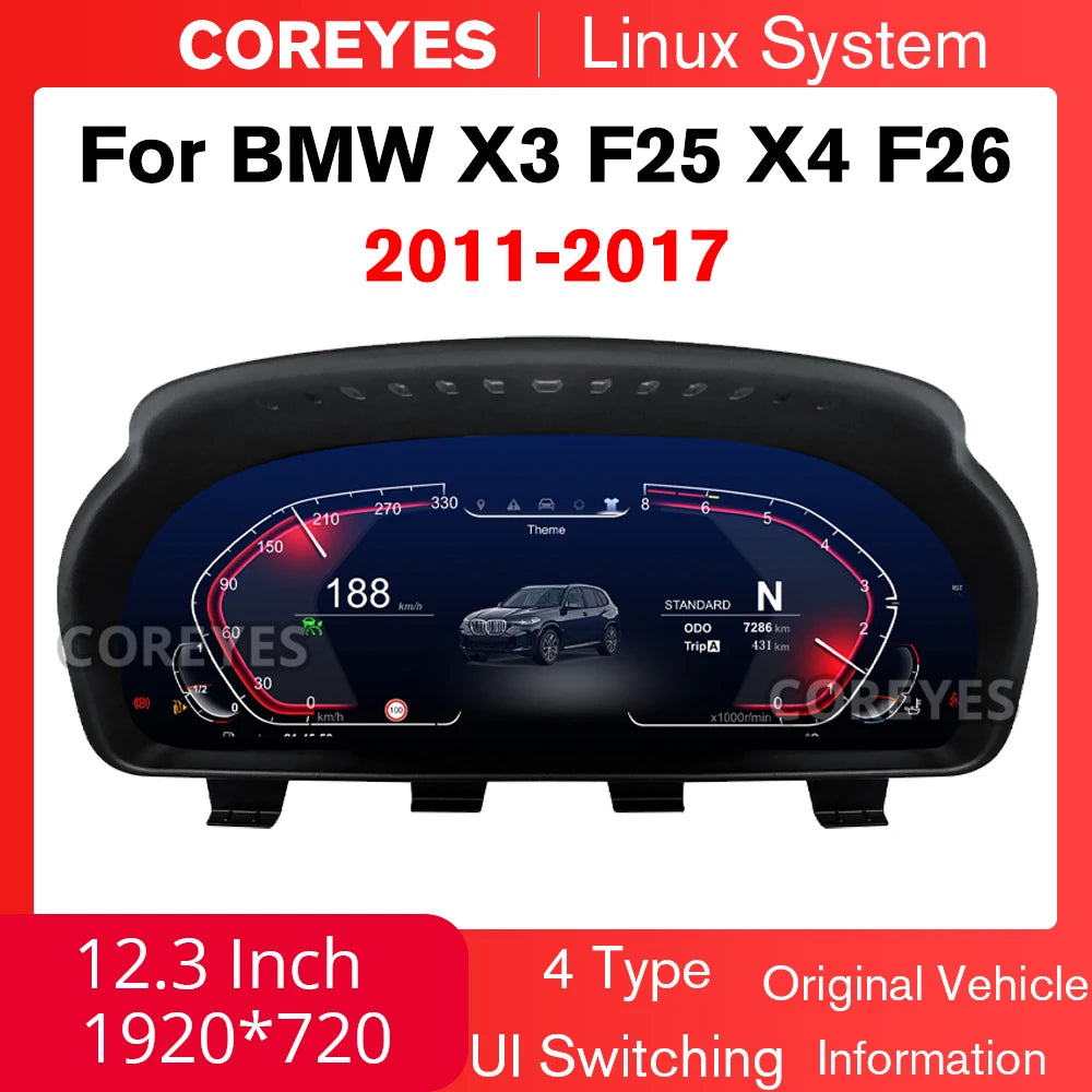 COREYES 12.3'' Digital Instrument Cluster for BMW X3 F25 X4 F26 2011-2017 CIC/NBT Linux System Speedometer Car Dashboard