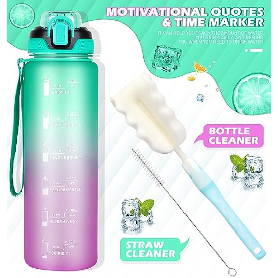 CodiCile 1L Water Bottle with Straw,Water Bottle Dishwasher Safe,Leak-proof Sports Drinks Bottle with Time Maker & Bottle Brush,Non-Toxic for Running,cycling, Gym, School & Office,Green Purple