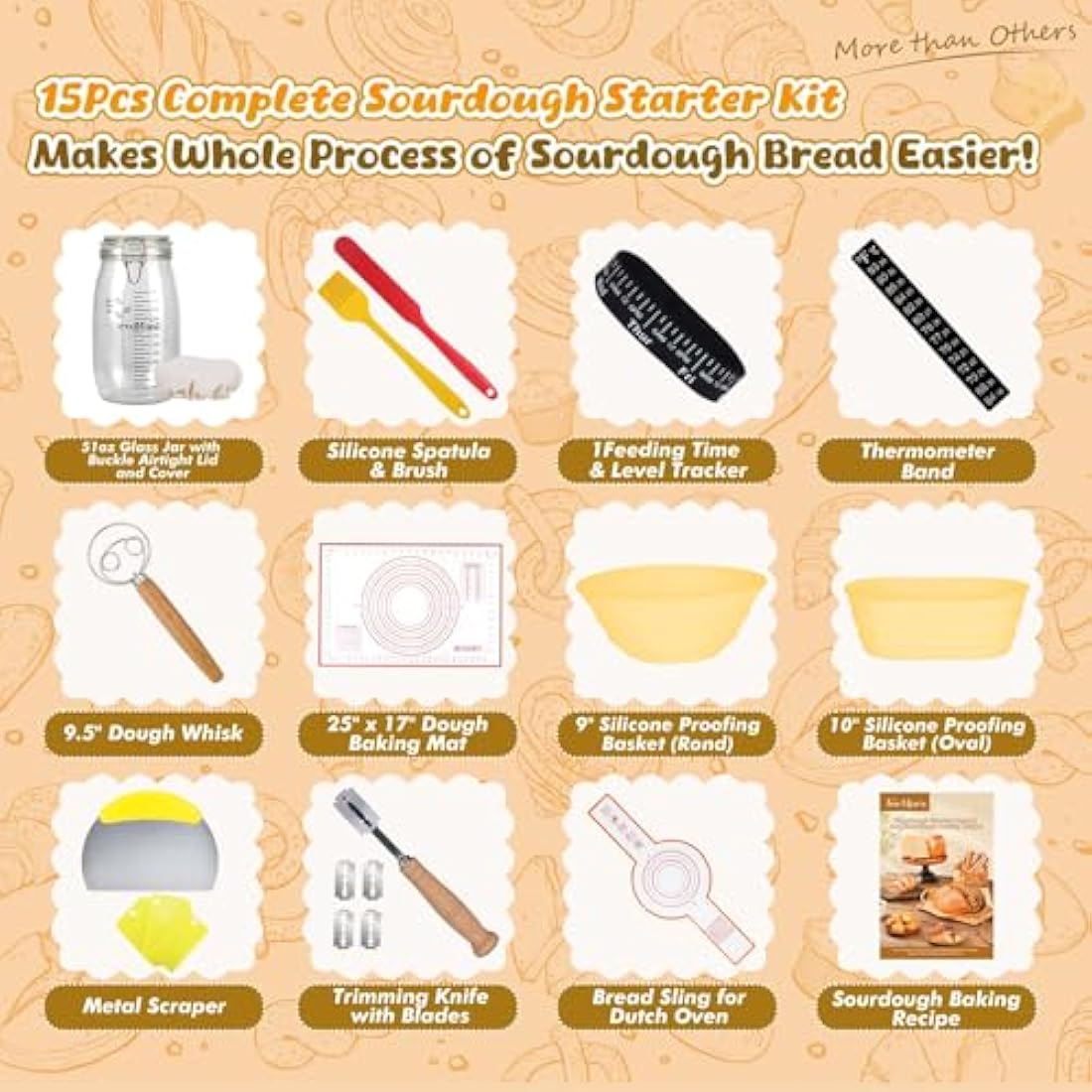 DoughEase Sourdough Starter Kit, 1500ml Sourdough Starter Jar, Bread Proofing Baskets, Dutch Oven Sling, Thermometer, Feeding Time Tracker, Dough Mat, Dough Whisk, Sourdough Bread Baking Supplies