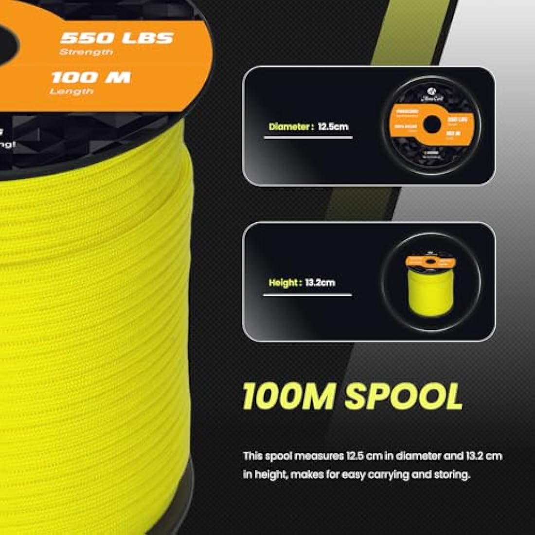 Abma Cord Paracord 550 4mm 100m 100% Nylon Rope Type III 7 Strands Parachute Cord for DIY, Camping, Survival, Outdoor - Max. 250kg - Neon Yellow