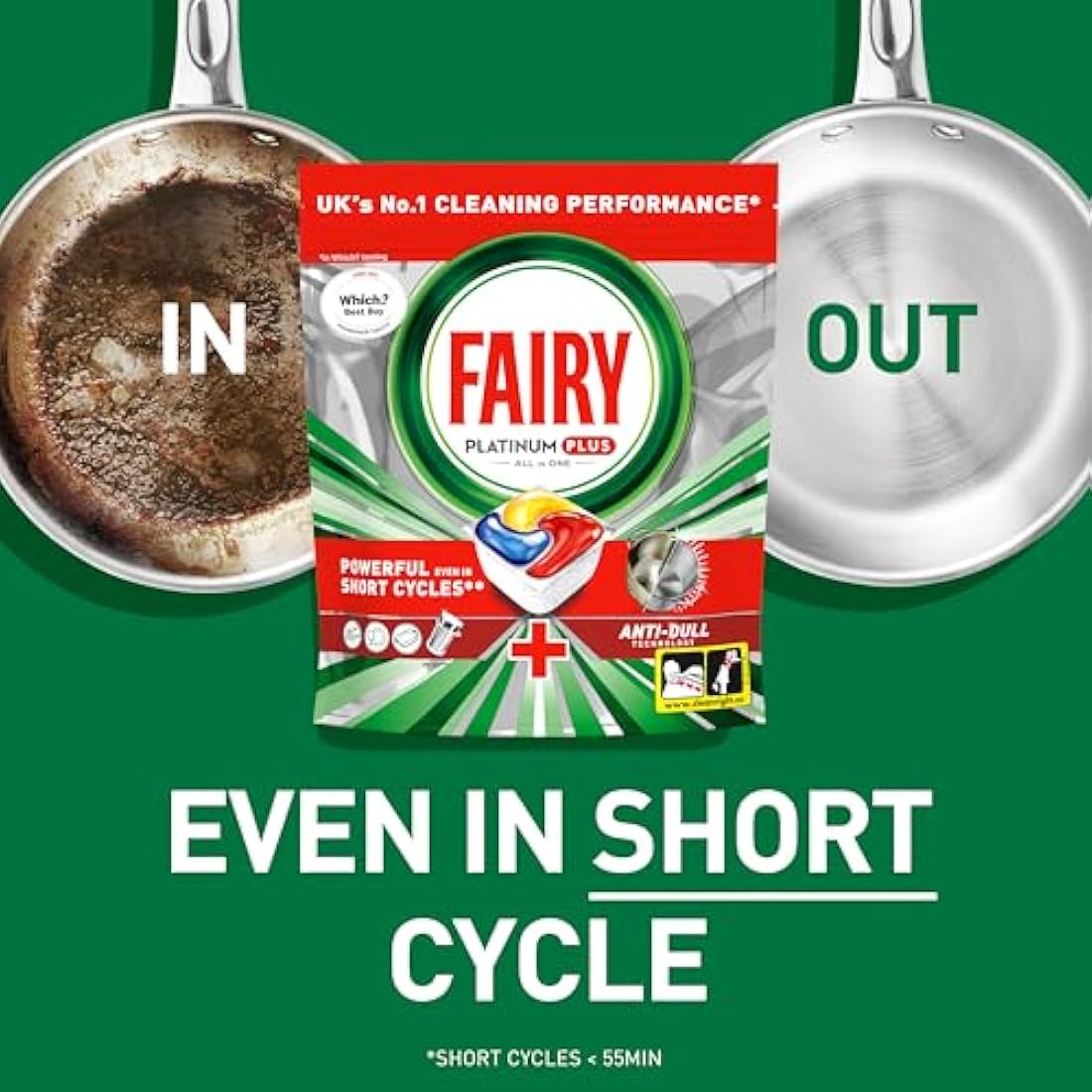 Fairy Platinum Plus All-in-1 Dishwasher Tablets, 125 Pack, Lemon. With anti-dull tech & rinse aid action for a deep clean. Effective in short cycles for sparkling dishes.