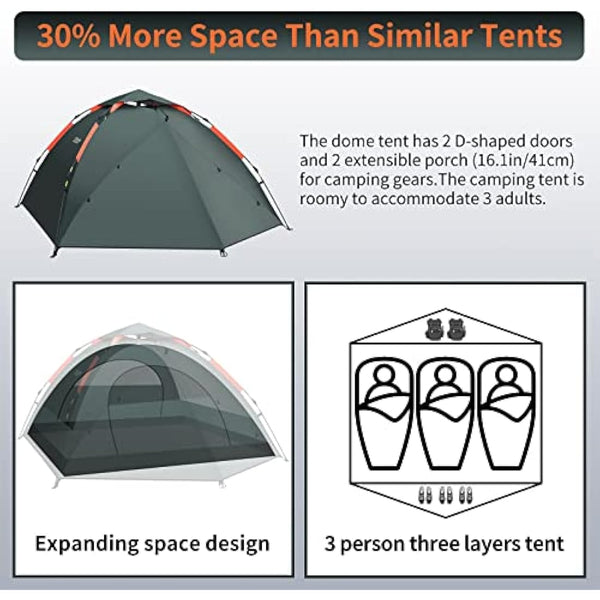 Cflity Camping Tent, 3 Man Instant Pop Up Tent Waterproof Three Layer Automatic Dome Tent, Large Lightweight 4 Seasons Tent, Backpacking Tent with Removable Rain-Fly 2 Extensible Porch for Camping