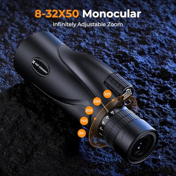 K&F Concept 8-32X50 Zoom Monocular with Cell Phone Holder, Monocular for Adults -BAK4 Prism and FMC Lens - IP66 Waterproof - Great for Birdwatching, Hiking, Hunting, Camping, Traveling, Black