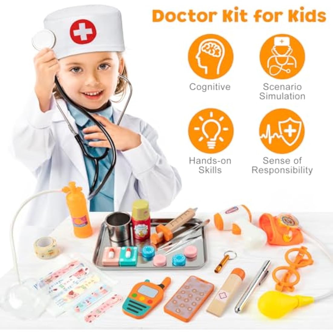EFO SHM Doctors Set for Kids, Wooden 34-piece Kids Doctors Kit, with Real Stethoscope Portable Doctors Bag and Wooden Syringe, Role Play Toys for 3 4 5 6 Year Old Girls and Boys