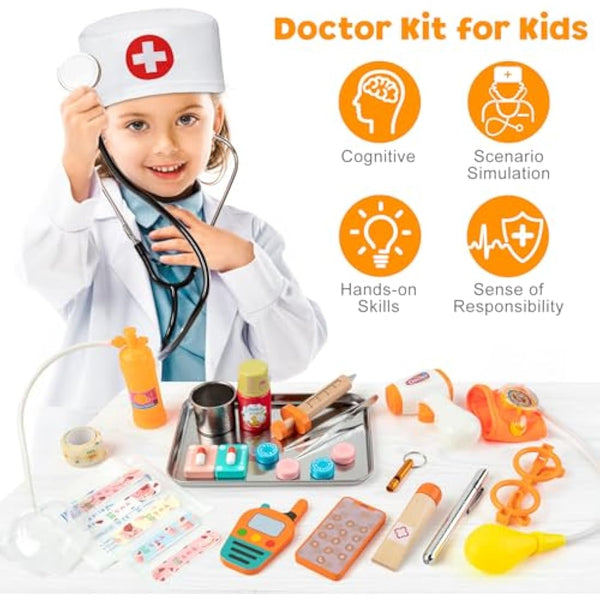 EFO SHM Doctors Set for Kids, Wooden 34-piece Kids Doctors Kit, with Real Stethoscope Portable Doctors Bag and Wooden Syringe, Role Play Toys for 3 4 5 6 Year Old Girls and Boys