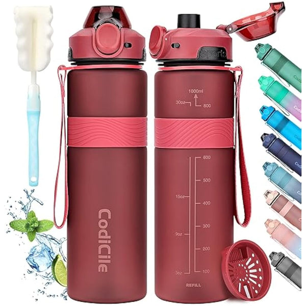 CodiCile Water Bottle, BPA Free 1l Water Bottle Leak Proof Drinks Bottle, Large Sports Bottle Great for Gym, School, Office and Travel (Red)