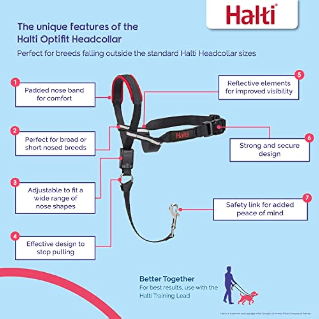 HALTI Optifit Headcollar Size Medium, Dog Head Harness to Stop Pulling on the Lead, Easy to Use, Adjustable & Reflective Head Collar for Dogs, Professional Anti-Pull Training Aid, Black