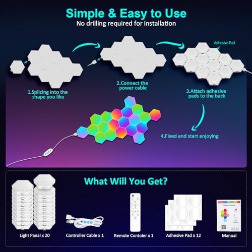 Kangtaixin Hexagon LED Lights — 20 Pack Hex Wall Light RGB Gaming Panels Hexagonal Smart Lighting Panel Sync to Music for Room Bar Gaming Setup Bedroom