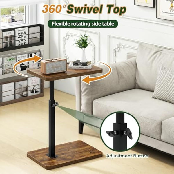 IBUYKE C Shaped Side Table, 360° Swivel Height Adjustable End Table for Small Spaces, with Phone & Tablet Slot, Modern Small Coffee Snack Table for Sofa/Bed, Retro Brown TVT003H