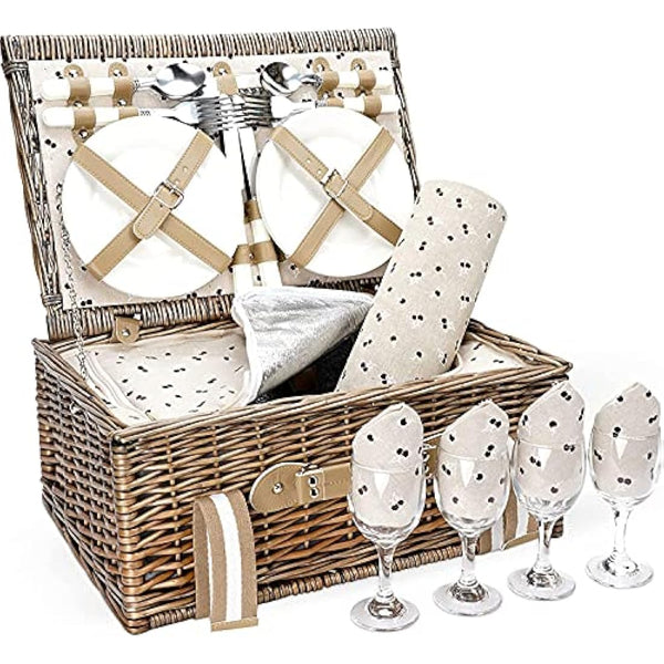 G GOOD GAIN Willow Picnic Basket Set for 4 Persons with Large Insulated Cooler Bag and Waterproof Picnic Blanket,Wicker Picnic Hamper for Camping,Outdoor,Valentine Day,Chirtmas,Thanks Giving,Birthday.