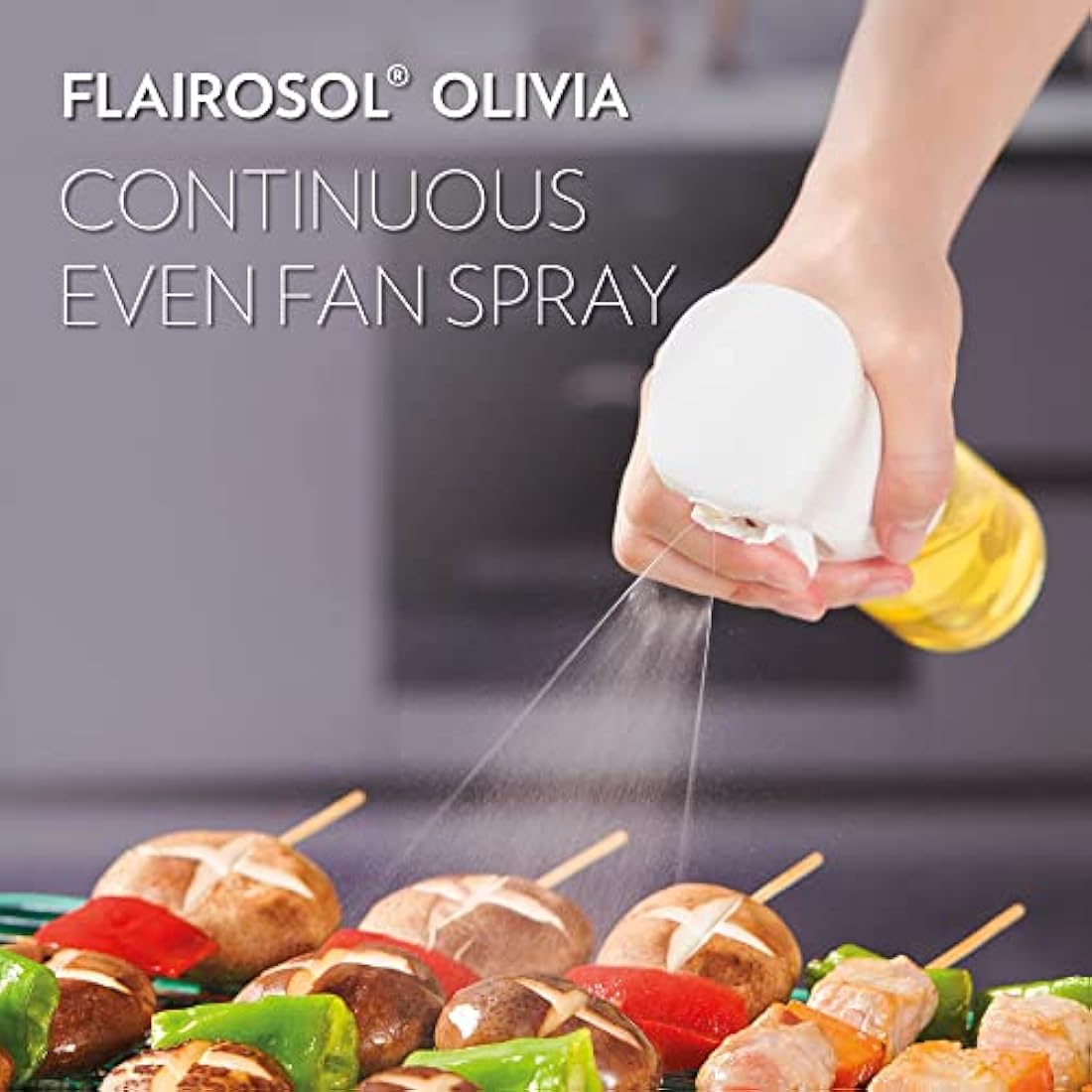 FLAIROSOL OLIVIA. The Original Advanced Oil Sprayer for Cooking, Kitchen, Salads, BBQs, Continuous Spray with Portion Control, 130ml Glass Olive Oil Sprayer(White Print)