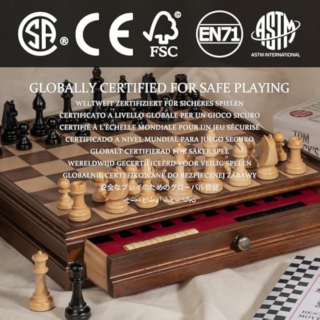 A&A 15 inch Walnut Wooden Chess Sets w/Storage Drawer/Triple Weighted Chess Pieces - 3.0 inch King Height/Walnut Box w/Walnut & Maple Inlay / 2 Extra Queen/Classic Board Games