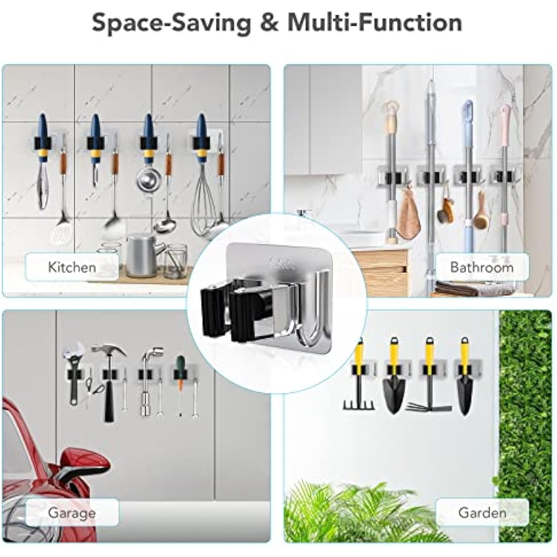 homeasy Mop Broom Holder, 4 Pcs Stainless Steel Self Adhesive Mop Holder Wall Mounted with Hooks Hanger Self-Adhesive Broom Holder (Siver Mix)