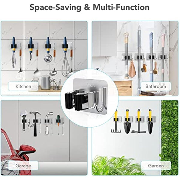 homeasy Mop Broom Holder, 4 Pcs Stainless Steel Self Adhesive Mop Holder Wall Mounted with Hooks Hanger Self-Adhesive Broom Holder (Siver Mix)