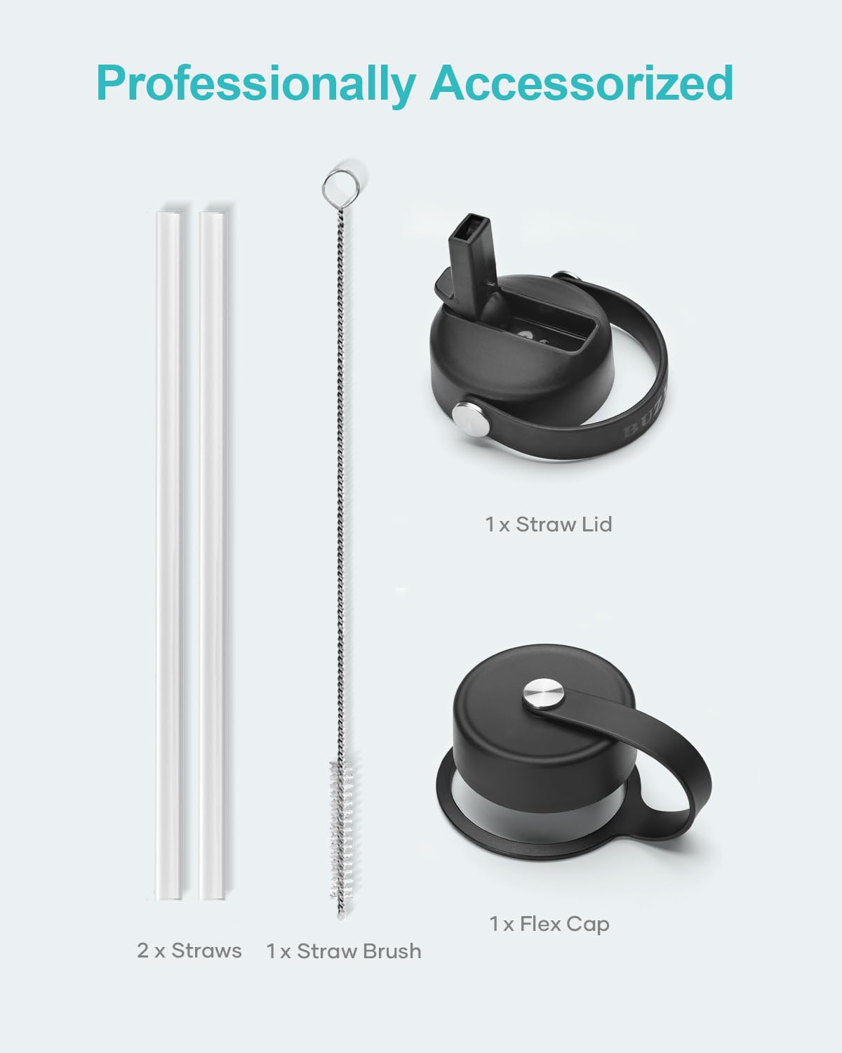 Stainless Steel Water Bottle 2L, BUZIO Vacuum Insulated Water Bottle with Straw Lid and Flex Cap Cold for 48 Hrs, Hot for 24 Hrs Double Wall Wide Mouth BPA Free Leak Proof, Black