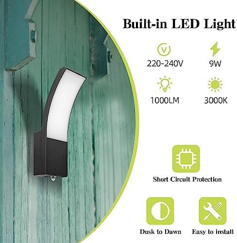 HLFVLITE Outdoor Wall Light Dusk to Dawn - Aluminum LED Exterior Lamp for Patio, Terrace, Hallway, Garage, and Porch - IP54 Waterproof, 3000K, 1000LM Brightness, Black