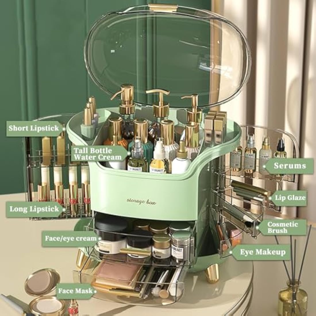 Suyoo Makeup Organiser Storage Box - Cosmetics Organisers Skincare and Beauty Case with Drawers for Bedroom Bathroom Desktop Dust-Proof Waterproof(Light Green)