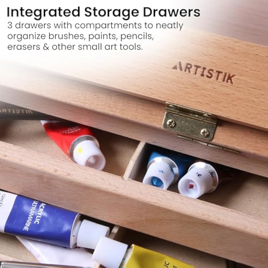 ARTISTIK Wooden Table Top Easel | Premium Adjustable Desk Easel x3 Draws | Crafted with Leather Handle | for Artists; Painting, Drawing, Sketching and More