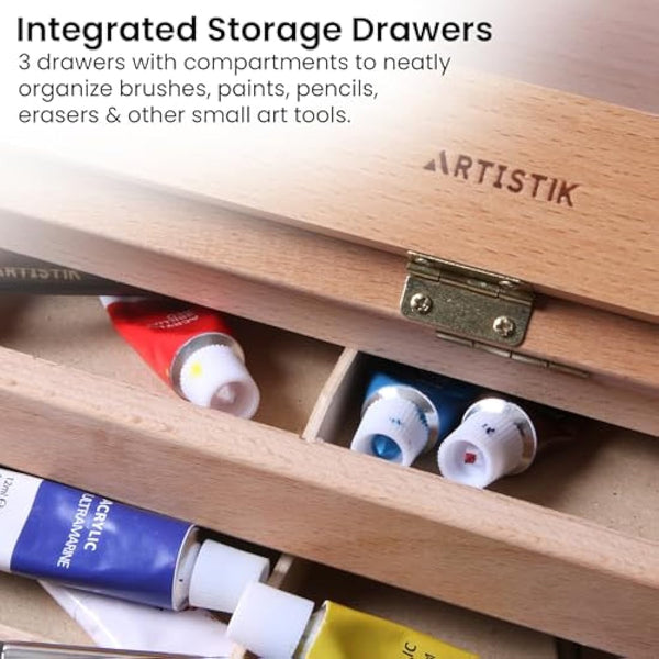 ARTISTIK Wooden Table Top Easel | Premium Adjustable Desk Easel x3 Draws | Crafted with Leather Handle | for Artists; Painting, Drawing, Sketching and More