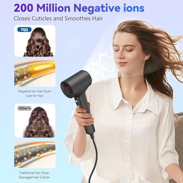 TQQ Hair Dryer with Diffuser, 200 Million Negative Ionic Hairdryer, 110, 000 RPM High Speed Brushless Motor Blow Dryer for 2min Fast Drying, 57dB Low Noise Travel Hairdryers for Women and Men