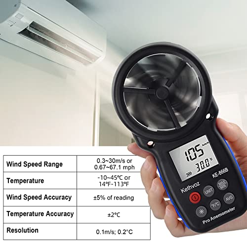 Digital Wind Speed Anemometer Handheld, Kethvoz Windspeed Gauge with Wind Chill Sensor to Measure Air Flow Velocity Temp w/MAX/MIN/AVG, for Drone Fly Climbing Windsurfing Sailing HVAC KE-866B