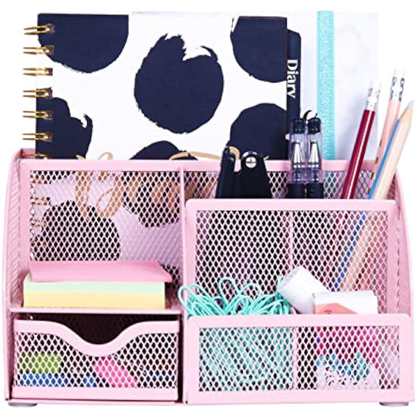 EXERZ Desk Organiser/Mesh Desk Tidy Caddy/Pencil Holder Multifunctional with 7 Compartments- Light Pink