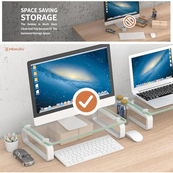Hemudu 2 Pack Computer Monitor Stand Riser Multi Media Desktop Stand for Flat Screen LCD LED TV, Laptop/Notebook/Xbox One, with Tempered Glass and Metal Legs,HD02T-201P