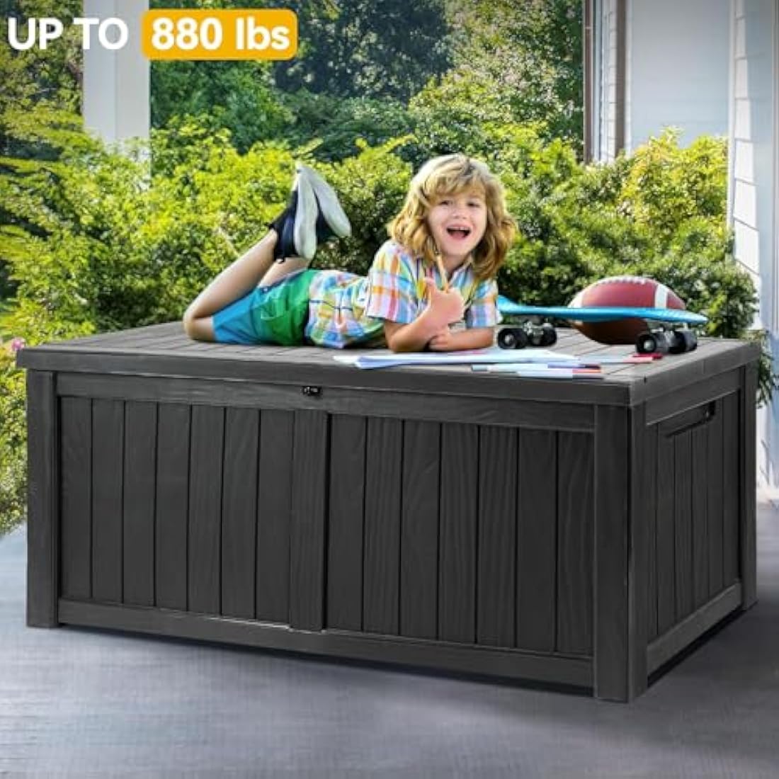 EAZILIFE 430L Garden Storage Box Outdoor Indoor Plastic Store Box/Bench Seat for Cushions, Toys, Games, DIY Pool Equipment - 125x56x61 Dark Grey Heavy Duty