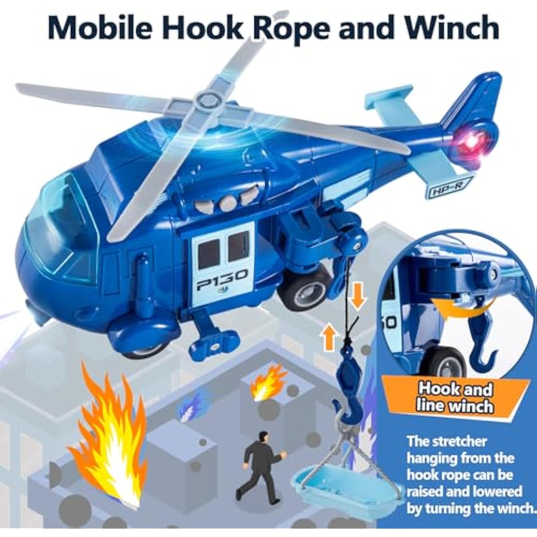 HERSITY Rescue Helicopter Toy Blue Police Plane with Light and Sound Push and Go Airplane Gifts for Kids Toddlers 3 4 5 Years Old