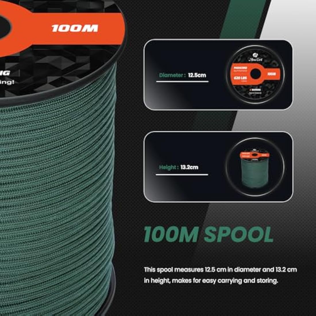 Abma Cord Paracord 4mm 100m 100% Nylon Rope 9 Strands Type III Parachute Cord for DIY, Camping, Survival, Outdoor - Max. 280kg - Dark Green
